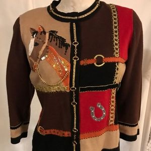 Vintage novelty sweater, Jack B.Quick, tan, brown, red, size medium,